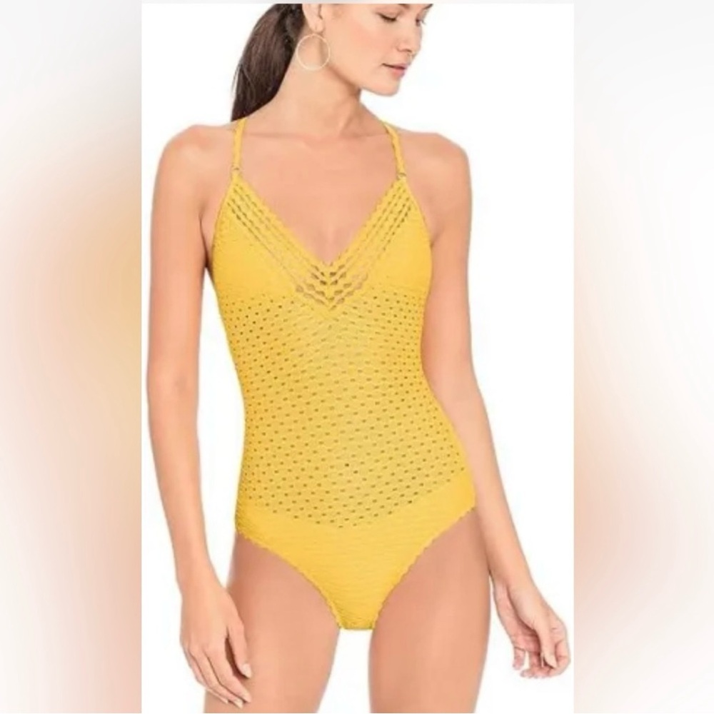 Robin Piccone Chira Crochet Swimsuit One Piece Yellow Swimwear Summer